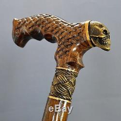 Bronze Skull Cane Handmade Walking Stick Wooden Unique Men's Accessories Oak
