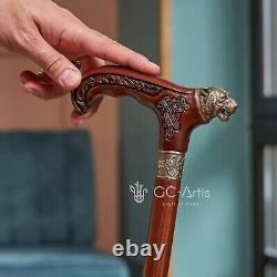 Bronze Tiger Metal Walking Stick Cane Brass Handle Wooden Shaft for men women