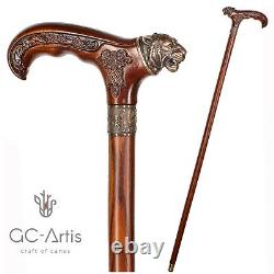 Bronze Tiger Metal Walking Stick Cane Brass Handle Wooden Shaft for men women