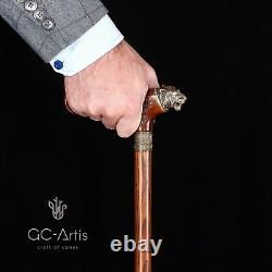 Bronze Tiger Metal Walking Stick Cane Brass Handle Wooden Shaft for men women