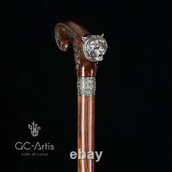 Bronze Tiger Metal Walking Stick Cane Brass Handle Wooden Shaft for men women