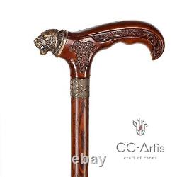 Bronze Tiger Metal Walking Stick Cane Brass Handle Wooden Shaft for men women