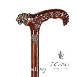 Bronze Tiger Metal Walking Stick Cane Brass Handle Wooden Shaft for men women