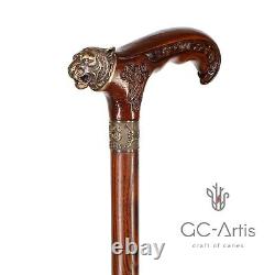 Bronze Tiger Metal Walking Stick Cane Brass Handle Wooden Shaft for men women