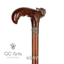 Bronze Tiger Metal Walking Stick Cane Brass Handle Wooden Shaft for men women