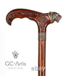 Bronze Tiger Metal Walking Stick Cane Brass Handle Wooden Shaft for men women