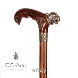 Bronze Tiger Metal Walking Stick Cane Brass Handle Wooden Shaft for men women