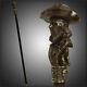 Bronze Walking Stick Brass Cane Metal Top Handle Wooden Shaft Pirate & Monkey 36