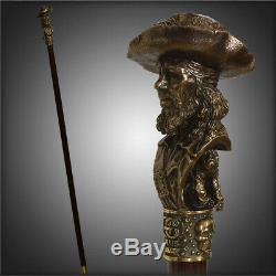 Bronze Walking Stick Brass Cane Metal top handle wooden shaft Pirate & Monkey 36