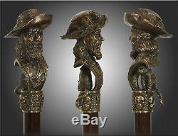 Bronze Walking Stick Brass Cane Metal top handle wooden shaft Pirate & Monkey 36