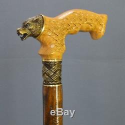Bronze Wolf Cane Handmade Walking Stick Wooden Unique Men's Accessories