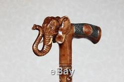 Brown Elephant wooden cane Hand carved walking stick Hiking stick Wood elephant