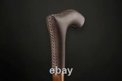 Brown Leather Walking Stick, Elegant Wooden Cane for Gift