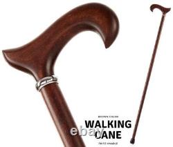 Brown Wooden Walking Stick Cane Derby Grip Ergonomic Handle With Ring Great Gift