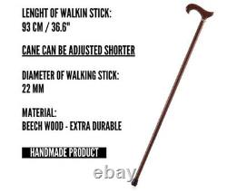 Brown Wooden Walking Stick Cane Derby Grip Ergonomic Handle With Ring Great Gift