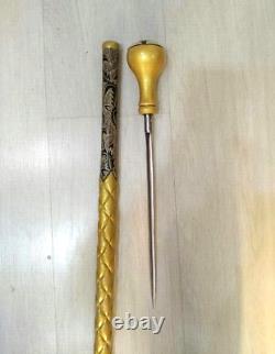 CHRISTMAS SALE Gold Colored Collectible Walking Stick, Handmade Wooden Cane