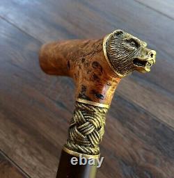 Cane Walking Stick BURL Handle Wooden Handmade exclusive Bronze parts # I21