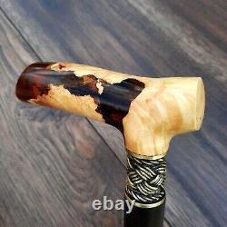 Cane Walking Stick BURL Handle Wooden Handmade exclusive Bronze parts # S57