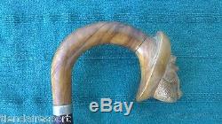 Cane Walking Stick Guayacan Wooden Horn Tip Sailor Smoke Pipe Handcarved Vintage