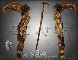 Cane Walking Stick Wooden Hand Carved handle shaft Forest Fairy Nude Girl men's