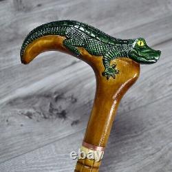 Cane Walking Stick Wooden carved Handmade Alligator