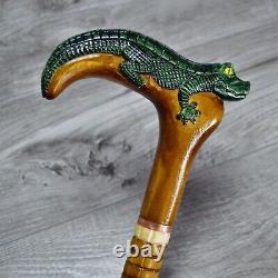 Cane Walking Stick Wooden carved Handmade Alligator