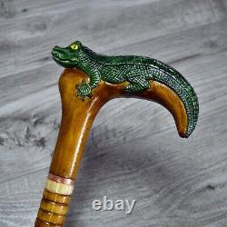 Cane Walking Stick Wooden carved Handmade Alligator / UK