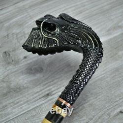Cane Walking Stick Wooden carved Handmade Old Dragon Black