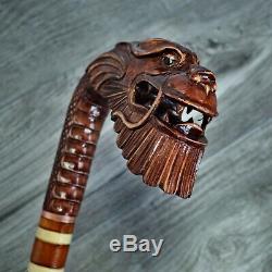 Cane Walking Stick Wooden carved Handmade Old Dragon Red