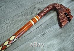 Cane Walking Stick Wooden carved Handmade Old Dragon Red