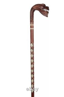 Cane Walking Stick handmade carved wooden Crook Handle Canes