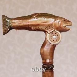 Carved Walking stick cane Fish Rainbow trout Wood Handmade Wooden Staff Fishing