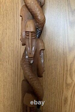 Carved Wooden African Tribal Snake/Faces Walking Stick Cane Loop Handle Folk Art