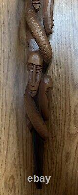 Carved Wooden African Tribal Snake/Faces Walking Stick Cane Loop Handle Folk Art