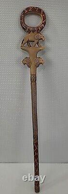 Carved Wooden Cane Walking Stick withCarved Lions Unique Stained Design 37 inches