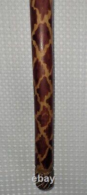 Carved Wooden Cane Walking Stick withCarved Lions Unique Stained Design 37 inches