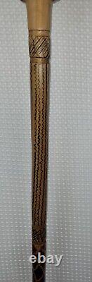 Carved Wooden Cane Walking Stick withCarved Lions Unique Stained Design 37 inches