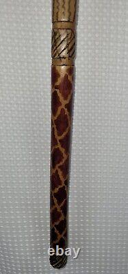 Carved Wooden Cane Walking Stick withCarved Lions Unique Stained Design 37 inches