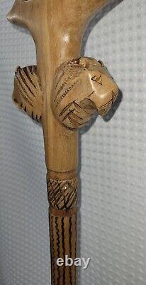 Carved Wooden Cane Walking Stick withCarved Lions Unique Stained Design 37 inches