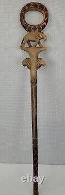 Carved Wooden Cane Walking Stick withCarved Lions Unique Stained Design 37 inches