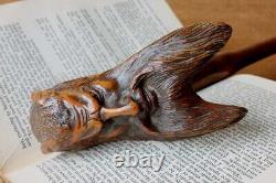 Carved Wooden Devil's Head Walking Stick. Antique 19thC Satan, Lucifer Wood Cane