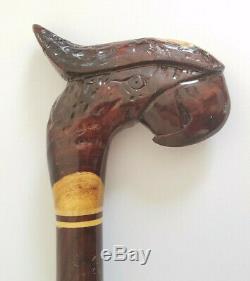 Carved Wooden Inlay Walking Stick Cane Parrot Head 35