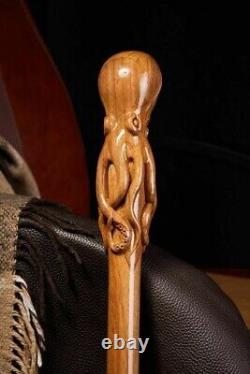 Carved Wooden Stick Walking Cane Stick Best Octopus Head Handle Handmade Gift