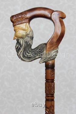 Carved walking stick Neptune handle Wooden cane Wood craft Carved stick Wood can