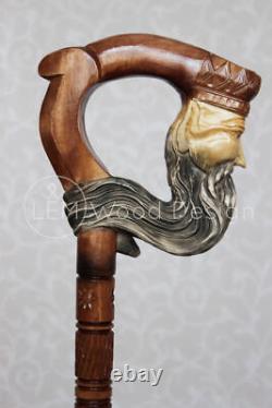 Carved walking stick Neptune handle Wooden cane Wood craft Carved stick Wood can