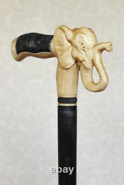 Carved wood staff elephant head handle wooden walking cane stick handmade style