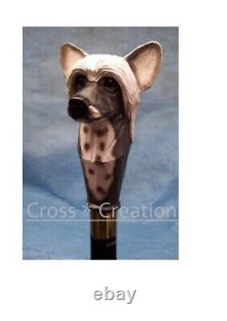 Chinese Crested Dog Head Handle Carved Wooden Walking Stick Cane new designer