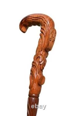 Christian Cross Dual Tone Wooden Walking Stick Cane -Wood carved crafted crook h