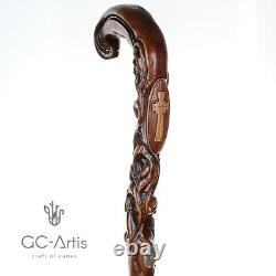 Christian Cross Walking Stick Cane wood Hand carved handle Unique wooden Art
