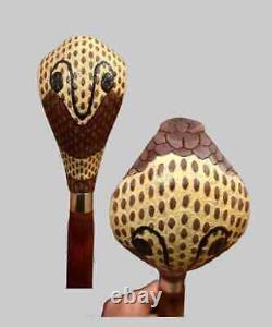 Cobra snake wooden walking stick, hand carved cane art wood snake